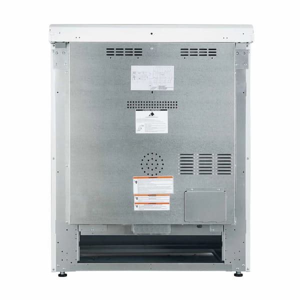 Rear view of the Forno 30-inch Leonardo electric range, featuring a durable metal back panel with ventilation openings, safety labels, and electrical connection access for secure and proper installation.