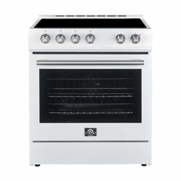 Front view of the Forno 30-inch Leonardo electric range, showcasing a clean and modern design with a smooth cooktop, large oven window, and classic-style control knobs for a refined kitchen appearance.