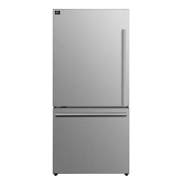 Front view of the FORNO 31-inch left-hinge refrigerator in stainless steel with a sleek, modern finish and minimalist design.