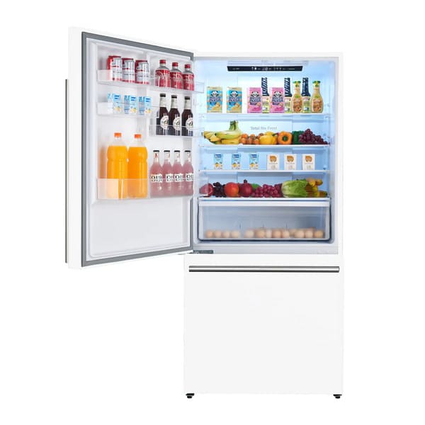 Front view of the Forno 31-inch left-hinge refrigerator in white with the door open, revealing a bright, organized interior with adjustable glass shelves, clear crisper drawers, and spacious door bins for efficient food storage.