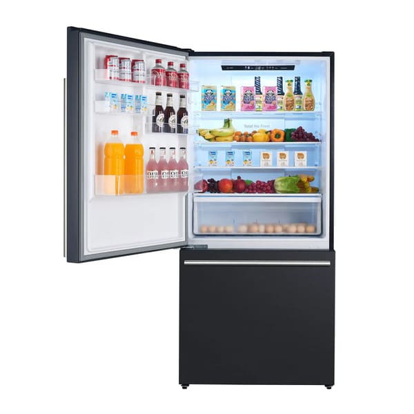 Front view of the Forno 31-inch refrigerator with the door open, revealing organized interior storage with adjustable glass shelves, clear door bins, and spacious compartments for fresh food storage.