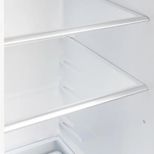 Close-up view of the interior shelves in the FORNO 33-inch side-by-side refrigerator in stainless steel, featuring adjustable glass shelving for flexible and organized food storage.