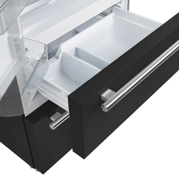 Interior view of the Forno 36-inch French door refrigerator featuring multiple drawers, including clear crisper drawers and a spacious lower storage drawer for optimal food organization.