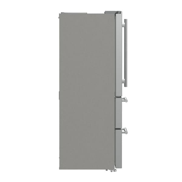 Side view of the FORNO 36-inch French door refrigerator in stainless steel, highlighting the appliance's sleek profile, smooth finish, and modern, built-in aesthetic.