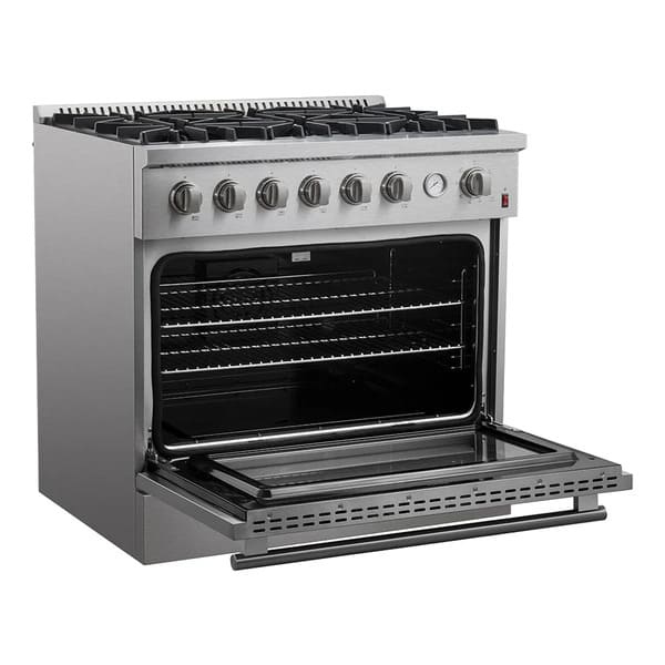 Front left-angled view of the FORNO 36-inch gas range in stainless steel with the oven door open, showcasing the spacious interior, multiple racks, and heavy-duty construction.