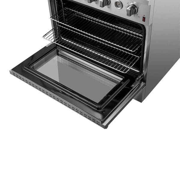 Interior view of the FORNO 36-inch gas range in stainless steel with the oven door open, displaying multiple sturdy oven racks and a spacious cooking cavity.