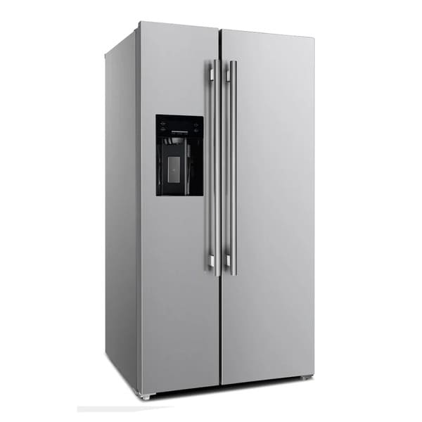 Front left-angled view of the FORNO 36-inch refrigerator with water dispenser in stainless steel, showcasing the French doors, smooth finish, and built-in dispenser.