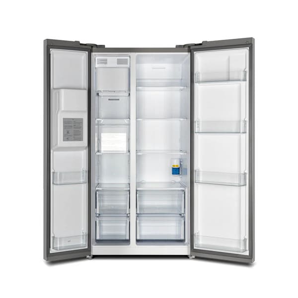 Front view of the FORNO 36-inch refrigerator with water dispenser in stainless steel with both doors open, revealing the spacious interior storage, adjustable shelves, and door bins.