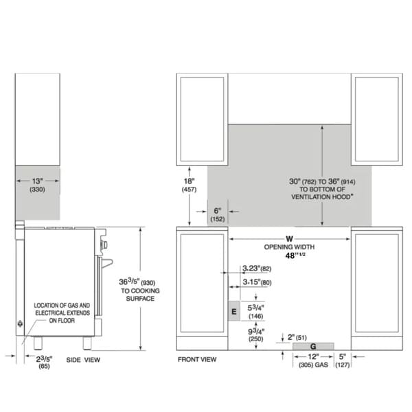 Dimension diagram of the FORNO 2-Piece Appliance Package, showing precise measurements for the 48-inch gas range and 60-inch built-in pro-style refrigerator, including height, width, depth, and installation clearances to assist with kitchen planning and appliance fitting.