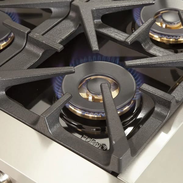 Close-up view of a single sealed burner on the FORNO 48-inch gas range from the 2-Piece Appliance Package, showing the durable cast iron grate, precision flame ring, and stainless steel cooktop surface—engineered for high heat output and responsive cooking control.
