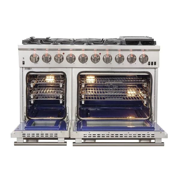 Front view of the FORNO 48-inch gas range from the 2-Piece Appliance Package with both oven doors open, revealing spacious stainless steel interiors, multiple rack positions, and convection fan systems—designed for powerful, flexible cooking performance in a professional-style kitchen.