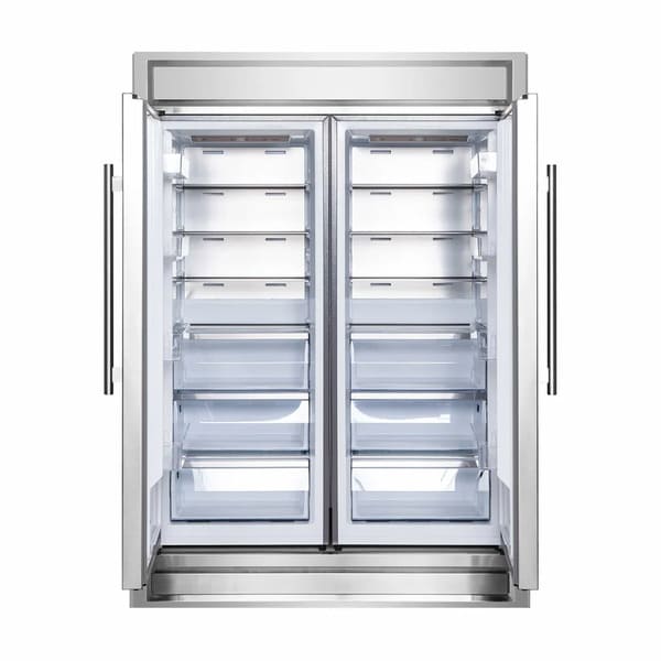 Front view of the FORNO 60-inch built-in pro-style refrigerator from the 2-Piece Appliance Package with both doors open, revealing spacious stainless steel interiors with adjustable glass shelves, door bins, and organized storage compartments designed for high-capacity food preservation.