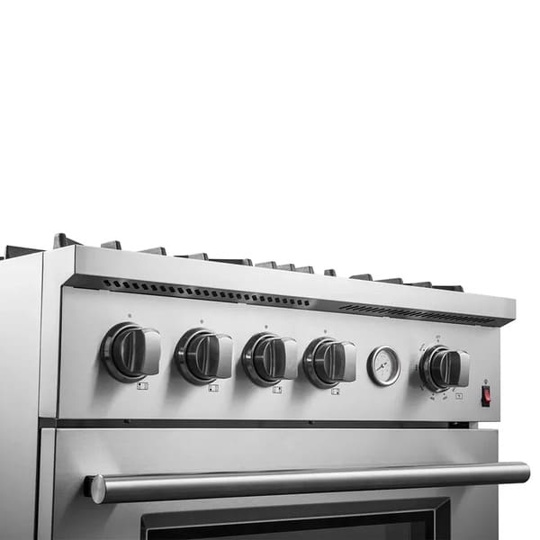 Close-up of the control knobs on the FORNO 30-inch gas range, showcasing the premium metallic finish, clear burner indicators, and ergonomic design for precise control.