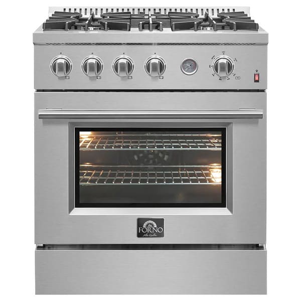 Front view of the FORNO 30-inch gas range, showcasing its stainless steel finish, five-burner cooktop, and large oven door with viewing window and professional-style control knobs.