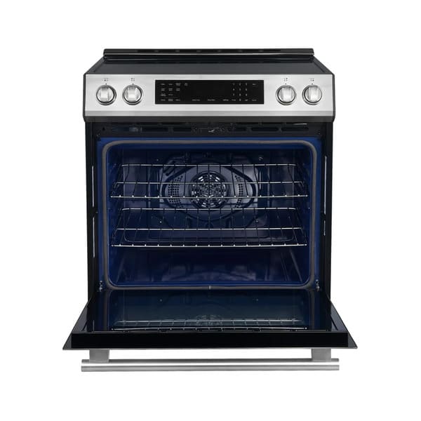 Front view of the FORNO 30-inch induction range in stainless steel with the oven door open, revealing the spacious interior, multiple rack positions, and bright interior lighting.