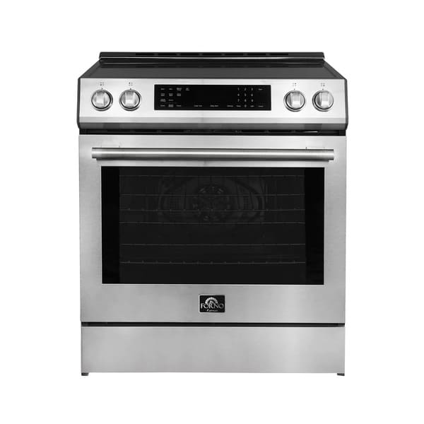 Front view of the FORNO 30-inch induction range in stainless steel, featuring a sleek glass cooktop, stainless steel control knobs, and a large oven door with a viewing window.