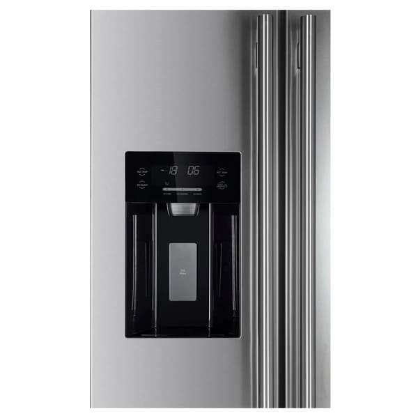 Close-up of the water dispenser on the FORNO 36-inch refrigerator in stainless steel, featuring a sleek built-in design with easy-to-use controls and a modern finish.