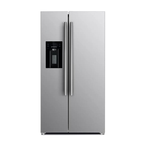 Front view of the FORNO 36-inch refrigerator with water dispenser in stainless steel, featuring French doors, a bottom freezer drawer, and a sleek built-in dispenser design.