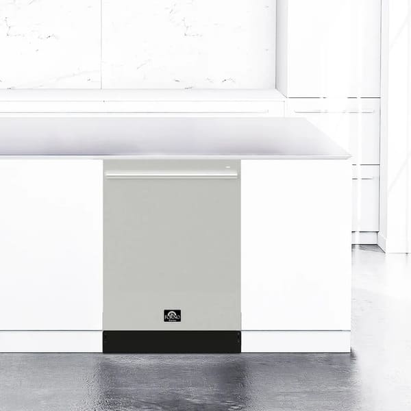Lifestyle view of the FORNO 24-inch built-in dishwasher in a modern kitchen, seamlessly integrated under the counter with a stainless-steel finish.