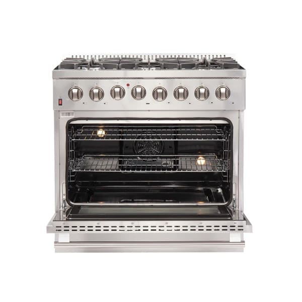 Front view of the FORNO 36-inch gas range with oven door open, highlighting the stainless steel interior and multiple oven racks—part of the 3-piece appliance package.