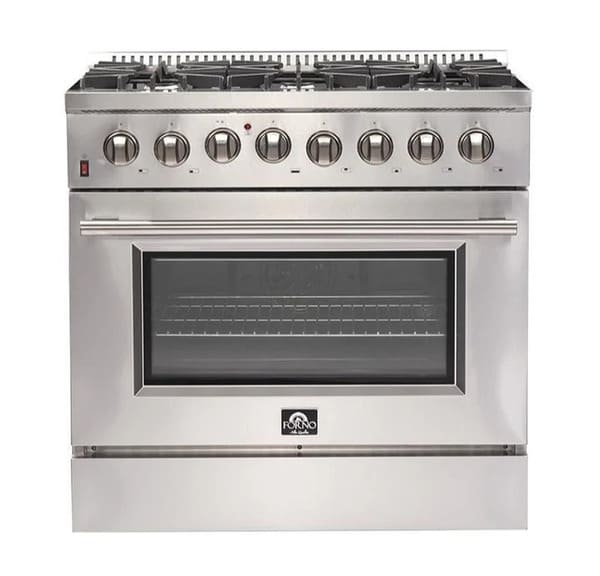 Front view of the FORNO 36-inch gas range, featuring stainless steel finish, control knobs, and oven window—part of the 3-piece appliance package.