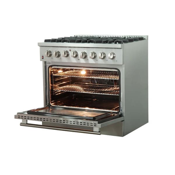 FORNO 36-inch gas range with oven door open, right-angle view showing spacious interior and stainless steel finish—part of the 3-piece kitchen appliance package.