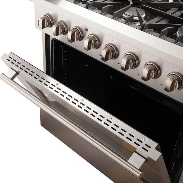 FORNO 3-Piece Appliance Package 36-inch gas range in stainless steel, featuring six burners, heavy-duty knobs, and a spacious oven with French doors.