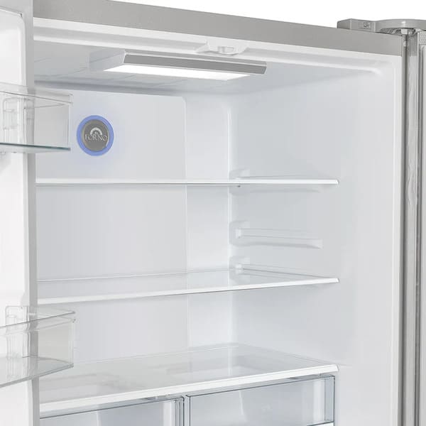 Close-up view of the interior shelves in the FORNO 36-inch French door refrigerator, showcasing adjustable glass shelves and ample storage space—part of the FORNO 3-piece stainless steel appliance package.