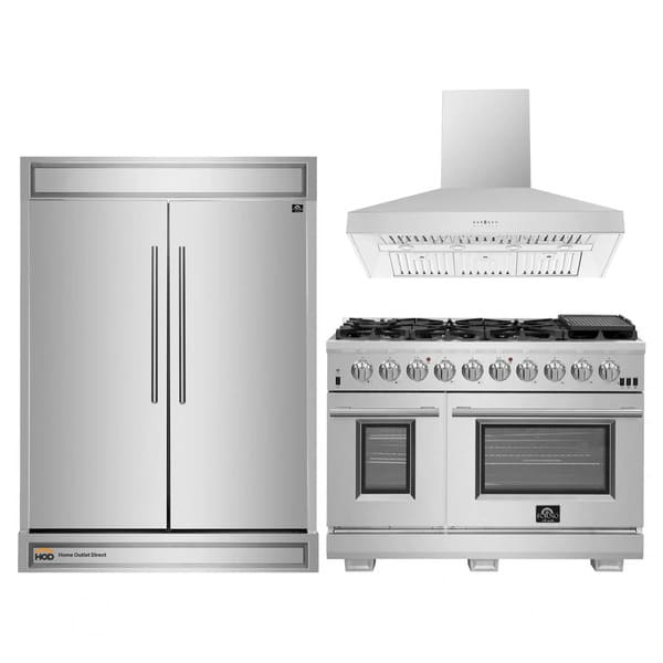 Front view of the FORNO 3-Piece Appliance Package featuring the 48-inch Capriasca gas range with 8 burners and dual ovens, a 60-inch pro-style stainless steel refrigerator, and a matching wall mount range hood—offering a cohesive, professional-grade kitchen setup.