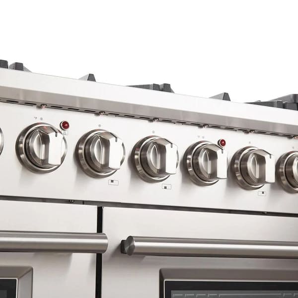 Close-up view of the stainless steel control knobs on the FORNO 48-inch Capriasca gas range from the 3-Piece Appliance Package, showcasing pro-style rotary dials with clearly marked settings for precise control over each burner and oven function.