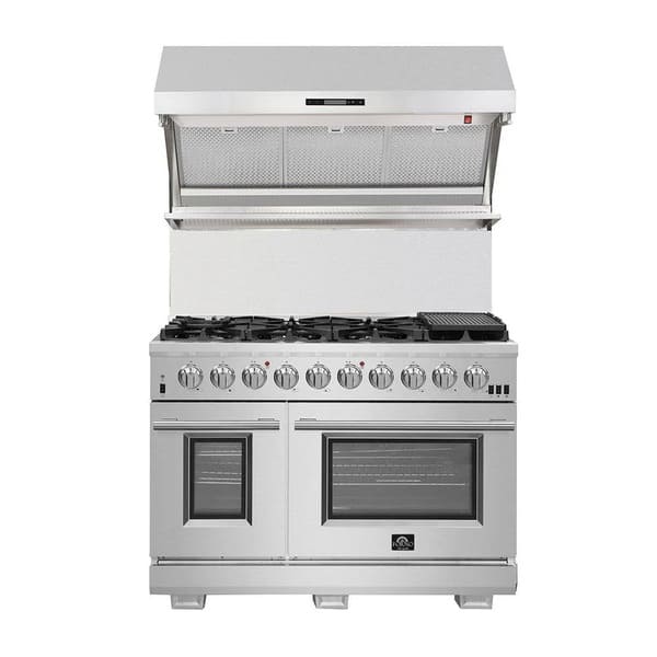 Front view of the FORNO 3-Piece Appliance Package featuring a 48-inch gas range with 8 burners and dual ovens, paired with the FORNO Savona 48-inch stainless steel wall mount range hood, combining commercial-grade performance with sleek, modern design.