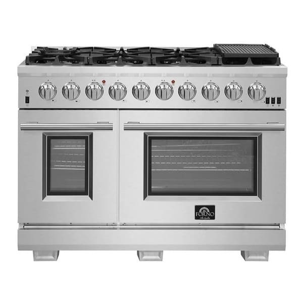 Front view of the FORNO 48-Inch Gas Range from the 3-Piece Appliance Package, featuring 8 high-powered burners, two oven compartments with large glass windows, and robust stainless steel construction with professional-style control knobs and handles.