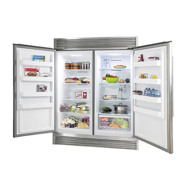 Front view of the FORNO pro-style refrigerator and freezer from the 3-Piece Appliance Package with both doors open, revealing spacious stainless steel interiors with adjustable shelves, crispers, and ample freezer storage—designed for high-capacity, professional-grade kitchen performance.