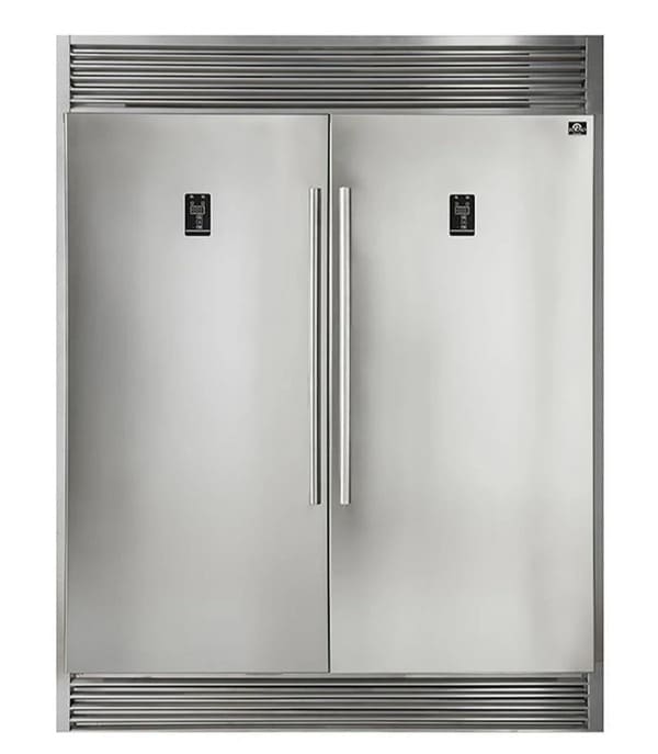 Front view of the FORNO pro-style refrigerator and freezer units from the 3-Piece Appliance Package, displayed side by side with matching stainless steel finishes, vertical pro-style handles, and a bold, commercial-inspired aesthetic for high-capacity food storage.