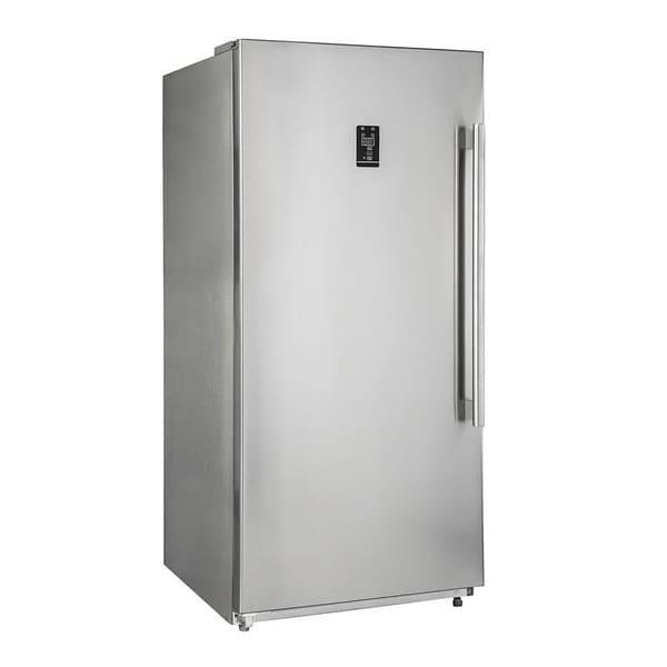 Front view of the FORNO pro-style refrigerator and freezer from the 3-Piece Appliance Package, configured with left-side hinges, showcasing stainless steel finishes, vertical handles, and a symmetrical, commercial-style design ideal for built-in kitchen installations.