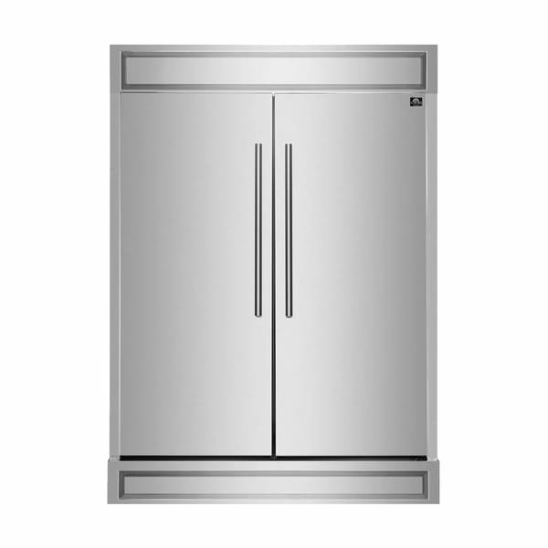Front view of the FORNO pro-style refrigerator from the 3-Piece Appliance Package, featuring a sleek stainless steel exterior with vertical professional handles, side-by-side doors, and a bold, commercial-grade design ideal for modern kitchens.