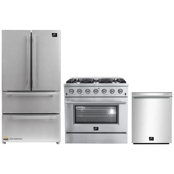 FORNO 3-Piece Appliance Package featuring a matching stainless steel gas range, French door refrigerator, and dishwasher for a cohesive, professional kitchen setup.