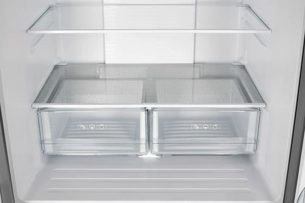 Interior view of the FORNO 30-inch French door refrigerator in stainless steel, showing the lower refrigerator drawers for organized produce and deli storage.