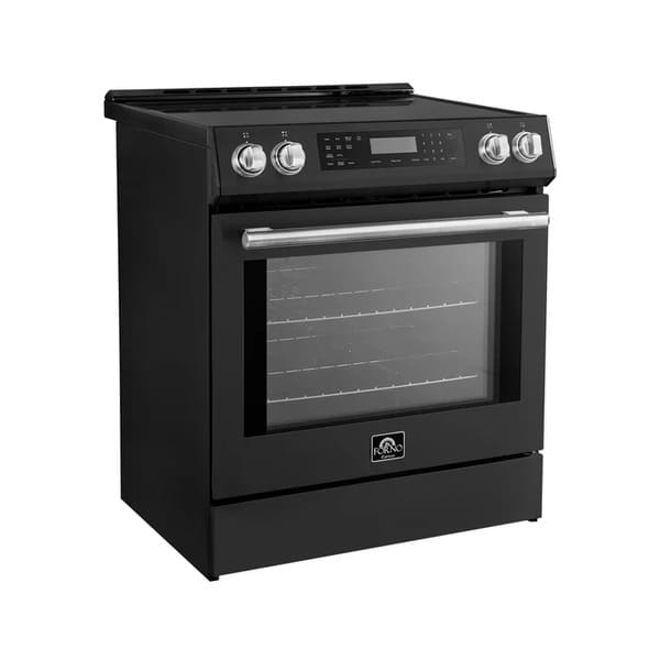 Angled front view of the FORNO 30-Inch Induction Range in Black, highlighting the sleek black finish, smooth glass cooktop, and professional-style stainless steel control knobs.
