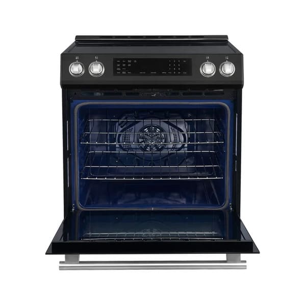 Front view of the FORNO 30-Inch Induction Range in Black with the oven door open, revealing a spacious interior with multiple rack positions and a convection fan for even heat distribution.