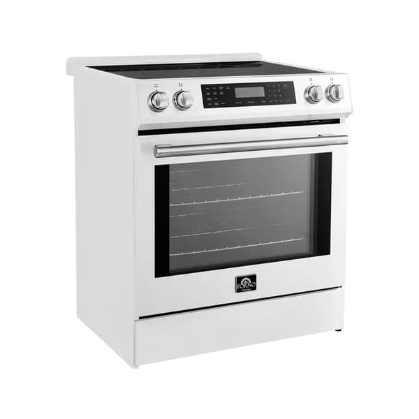  Angled front view of the FORNO 30-Inch Induction Range in White, highlighting the sleek cooktop surface, control panel, and modern oven door design.