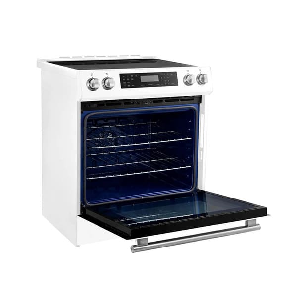 Angled front view of the FORNO 30-Inch Induction Range in White with the oven door open, showcasing the interior oven cavity, adjustable racks, and sleek exterior design.