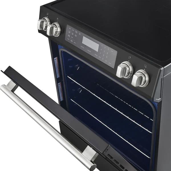 Close-up of the FORNO 30-Inch Induction Range in Black oven door, highlighting the smooth black exterior, wide glass window, and robust stainless steel handle for a modern, functional design.