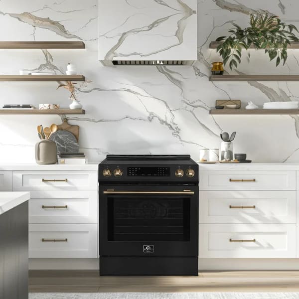Lifestyle image of the FORNO 30-Inch Induction Range in Black, featured in a modern kitchen setting with coordinated cabinetry and decor, highlighting its sleek black finish and contemporary design.