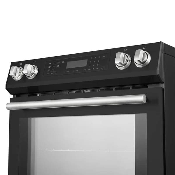 Close-up of the stainless steel control knobs on the FORNO 30-Inch Induction Range in Black, designed for precise temperature adjustment and a professional look.