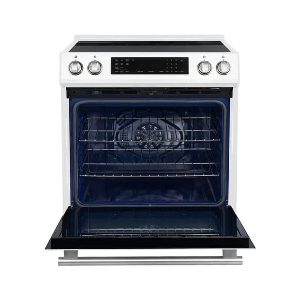Front view of the FORNO 30-Inch Induction Range in White with the oven door open, displaying the spacious interior, multiple rack positions, and convection fan system.