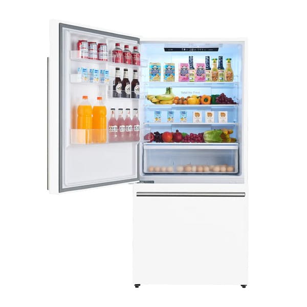 Front view of the FORNO 31-inch left-hinge refrigerator in white with the door open, revealing spacious interior shelves, clear drawers, and organized storage compartments.