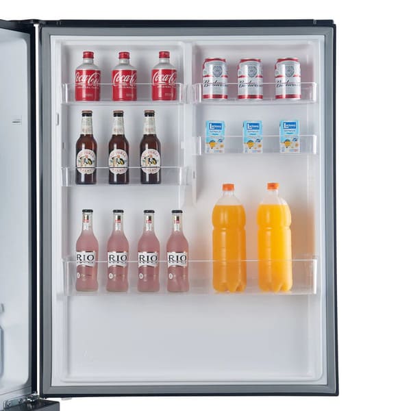 Close-up view of the interior side of the door of the FORNO 31-Inch Refrigerator with Right Hinge in Black, featuring multiple transparent storage bins for beverages, condiments, and small items.