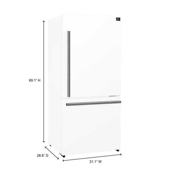 Dimensions view of the FORNO 31-inch right-hinge refrigerator in white, highlighting height, width, and depth specifications with measurement labels.
