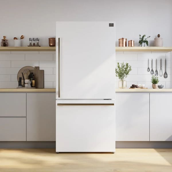 Lifestyle view of the FORNO 31-inch right-hinge refrigerator in white, seamlessly integrated into a modern kitchen setting.